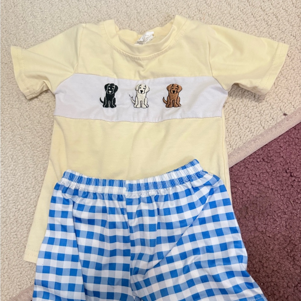 Yellow Toddler Tee with Embroidered Puppy Trio